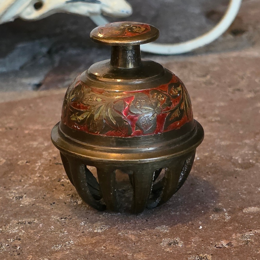 Vintage Brass Elephant Claw Bell Hand Painted Red Floral Enamel Beehive Chime
